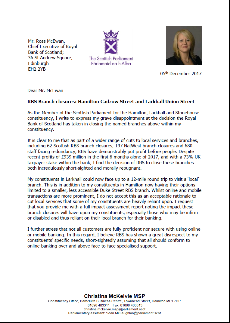 RBS Bank Closure letter